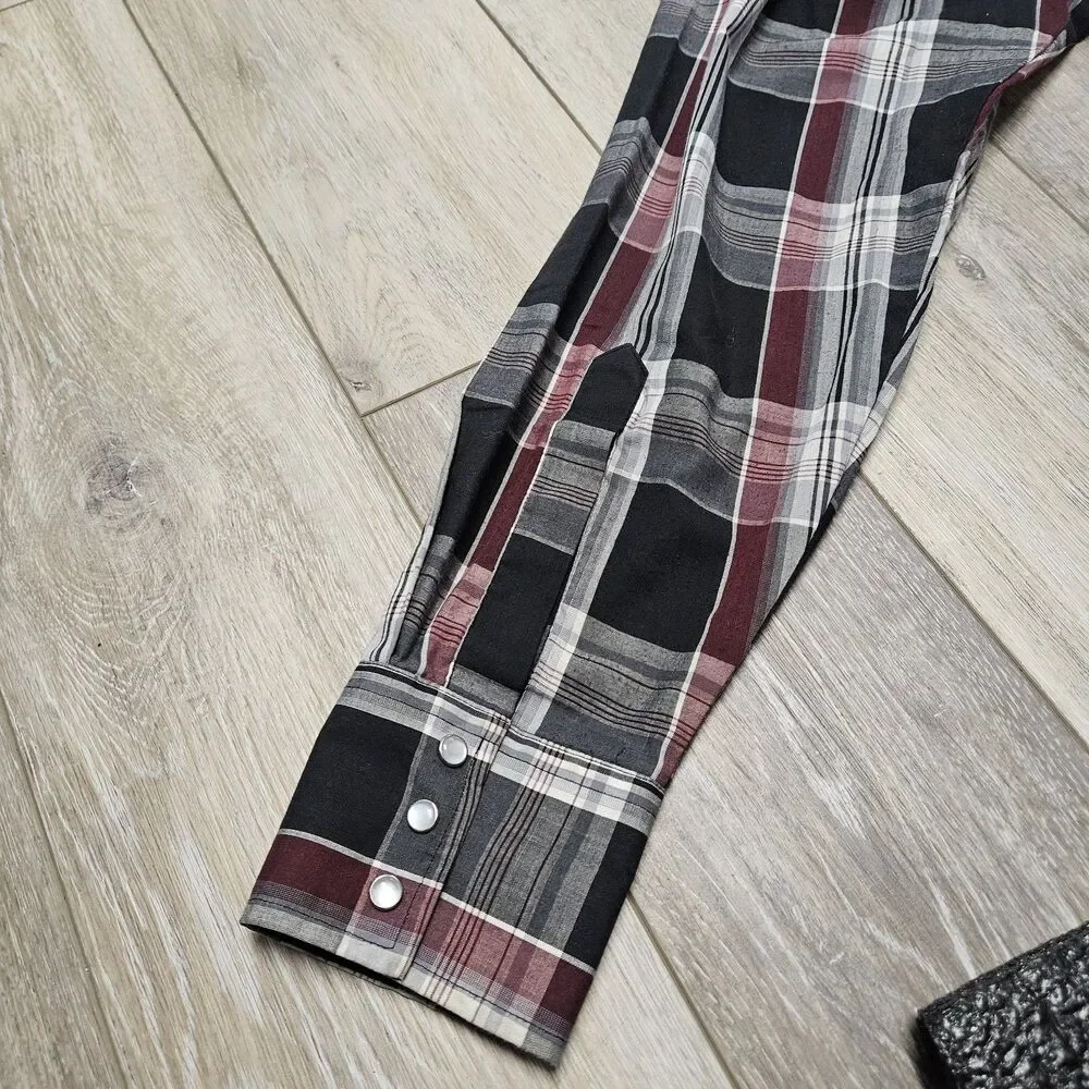 Ely Cattleman Vintage Pearl Snap Western Shirt Plaid Black Red Men's Medium